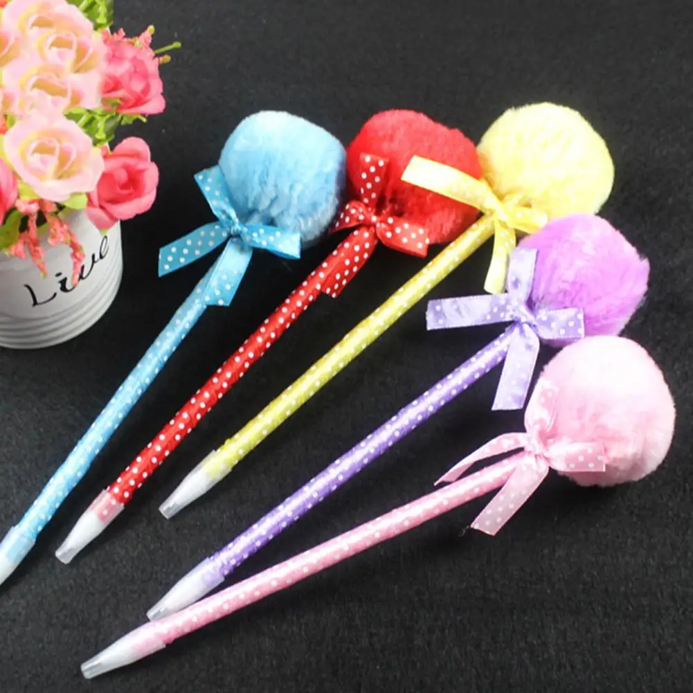 

New Arrival Cute Plush Faux Fur Pom Pom Bowknot Polka Dot Ballpoint Pen Student Stationery