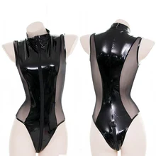 セクシーなランジェリーアニメ下着ベビードールラテックス Pu レザーボイルジッパークロッチレスボディ Encaje ボディスーツランジェリーテディ水着(China)