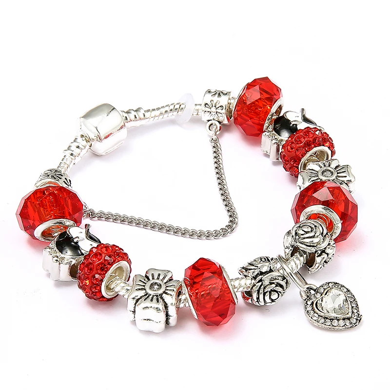 

Vintage Silver Color Charm Bracelets For Women New Crystal Heart Beads Bracelets & Bangles Pulseras DIY Brand Jewelry Gift