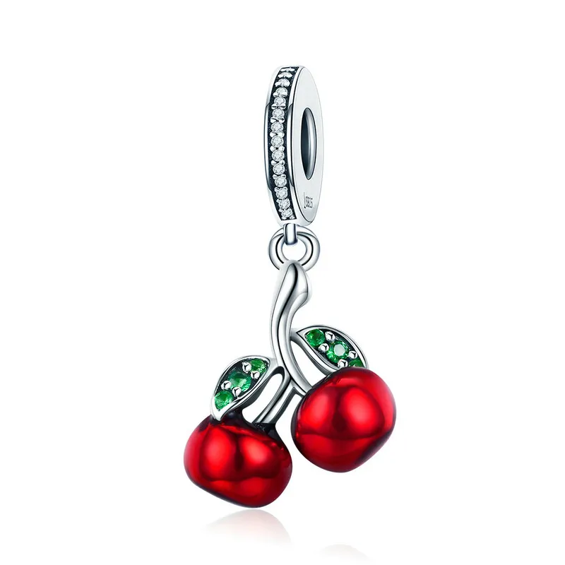

MOWIMO Cherry Red Enamel Dangle Charms 925 Sterling Silver CZ Bead Fit Original Pandora Bracelets Pendant Jewelry Making BKC784