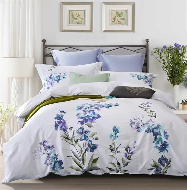 100 Cotton Embroidery Bedding Set 4pcs Quilt Cover White Blue