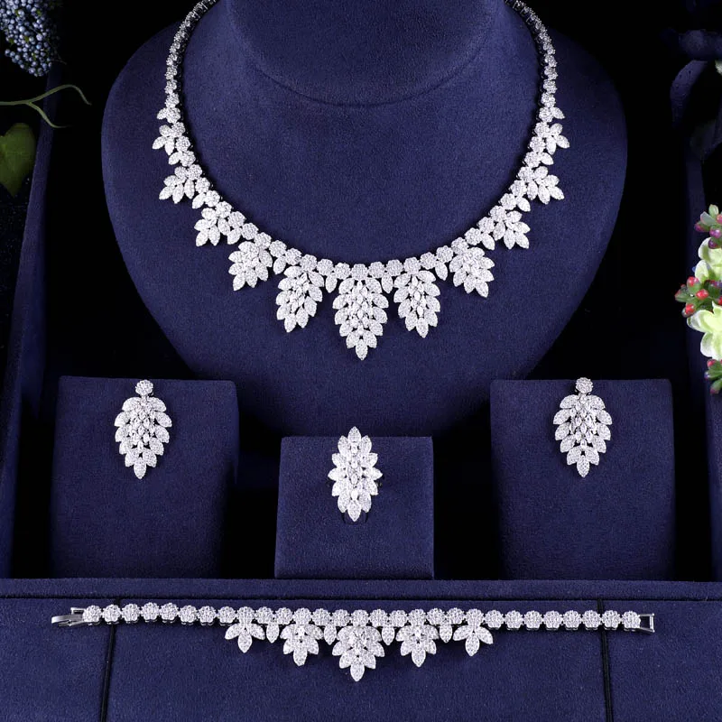 

Luxury Women Jewels Elegant Shape Bridal CZ necklace earrings bracelet ring 4pcs Big full Wedding Jewelry Sets For Bride