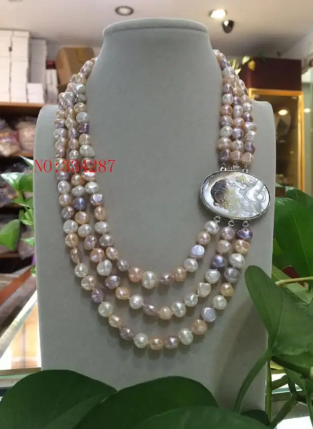 

Lady's New Baroque 18" 3row 8-9mm Pink grey white multicolor color pearls necklace seashell clasp