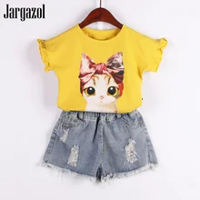 Jargazol/детская одежда для девочек, летняя рубашка с рисунком кота и джинсовые шорты, рваные джинсы, комплект одежды для детей, милые наряды