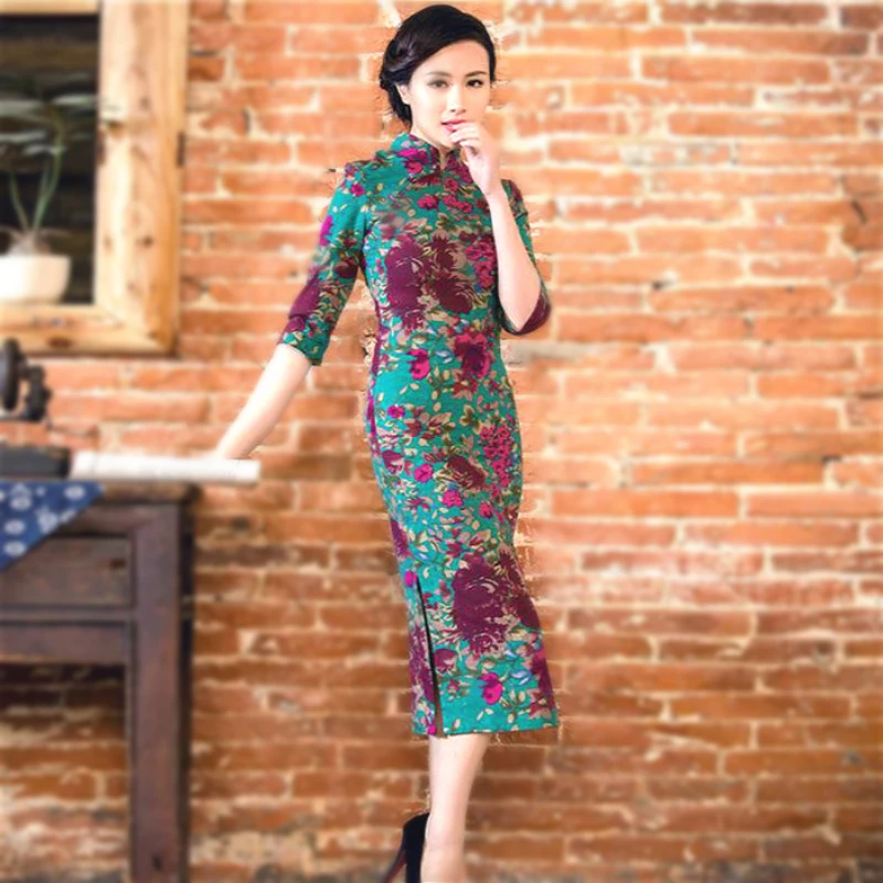 SHENG COCO, китайское классическое женское платье Qipao, элегантное, новинка, длинное льняное платье средней длины с длинными рукавами, тонкое платье, новинка, высокая мода