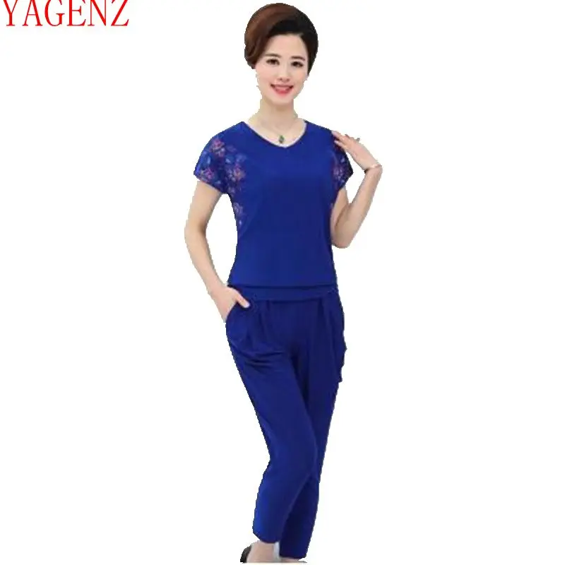 

2017 Summer clothes new middle-aged and old women's large size jacket + 7 minutes of pants suit two-piece outfit KG115 YAGENZ