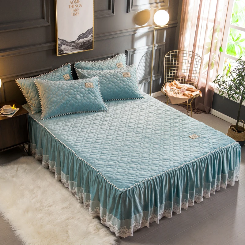 Russian size 160X200cm Plush Warm Bedskirt Bed set Flannel Fleece Quilted Ruffled Lace Girls with Small White Ball cover | Дом и сад