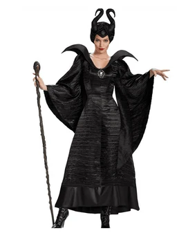 

Movie Maleficent Costume Adult Women Halloween Witch Cosplay Fairy Tale Sleeping Beauty Curse Witchcraft Black Dress Horns