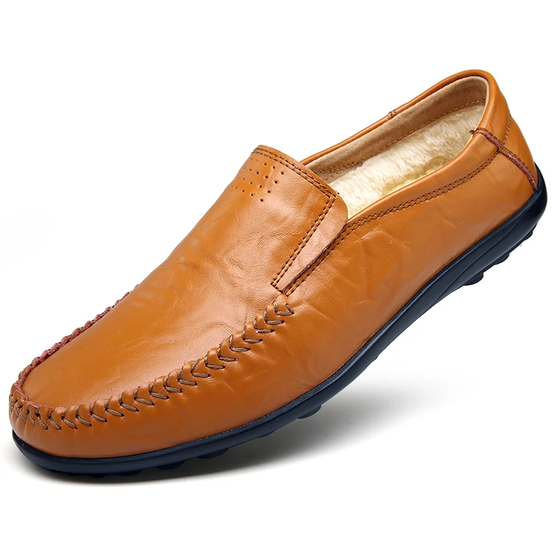 

black brown color true cow leather mens shoes soft fur inner designer warm shoes for men winter genuine leather loafers flats