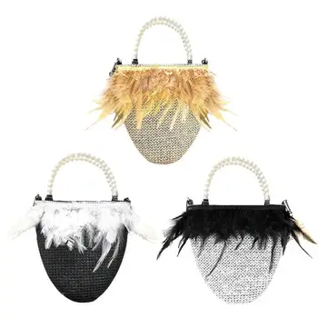 

Pearls Beading Feathers Summer Beach Bags For Women Mini Straw Woven Women's Knitting Bucket Handle Bag Elegant Messenger Bag