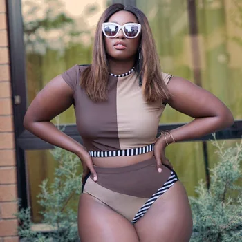 

Bikini Plus Size Swimwear Women Large Size Patchwork Crop Top Push Up Swimsuits Bikini Set High Waist Bottom Bathing Suit Ladies