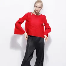 Плюс размеры Футболка женская демисезонный круглый средства ухода за кожей шеи Flare однотонное с длинным рукавом цвет свободные стрейч Miyake плиссированные