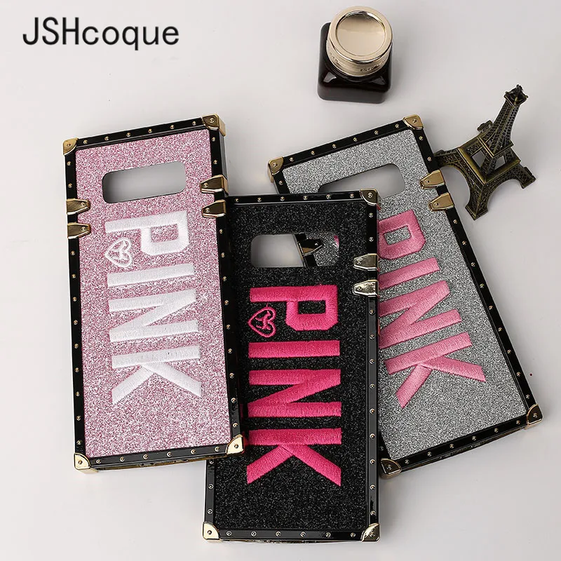 

Bling Luxury Square Embroidery 3D PINK Letter Phone Case for Samsung S9 Plus S8 Plus Note 9 Note 8 Glitter Metal Rivet Cover