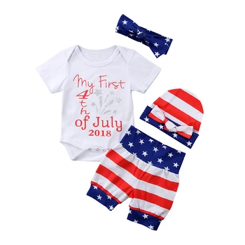 

4PCS My First 4th Of July 2018 Newborn Baby Boy Girl Summer Short Sleeve Romper Top Striped Star Shorts Hat Headband Outfit Set