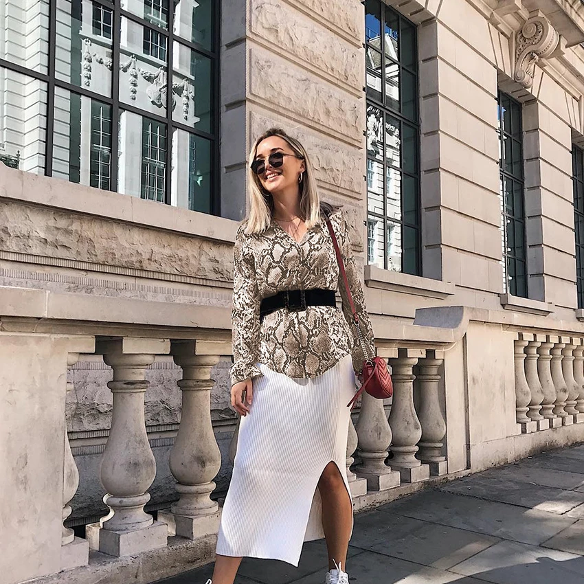 OOTN принт змеиной кожи шелк блузка Женские рубашки топы с длинными рукавами