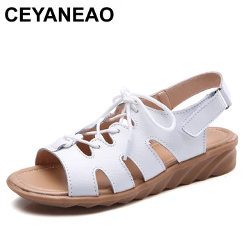 

CEYANEAO Women Gladiator Sandals Shoes Genuine Leather Lace Up Flat Heels Sandals Ladies Casual Summer Shoes Women Beach Sandals