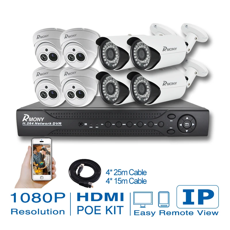Full 8CH 1080P POE kit NVR 8PCS 2.0mp IP Camera P2P Cloud Service cctv video surveillance system 160m cat5 e cable free ship