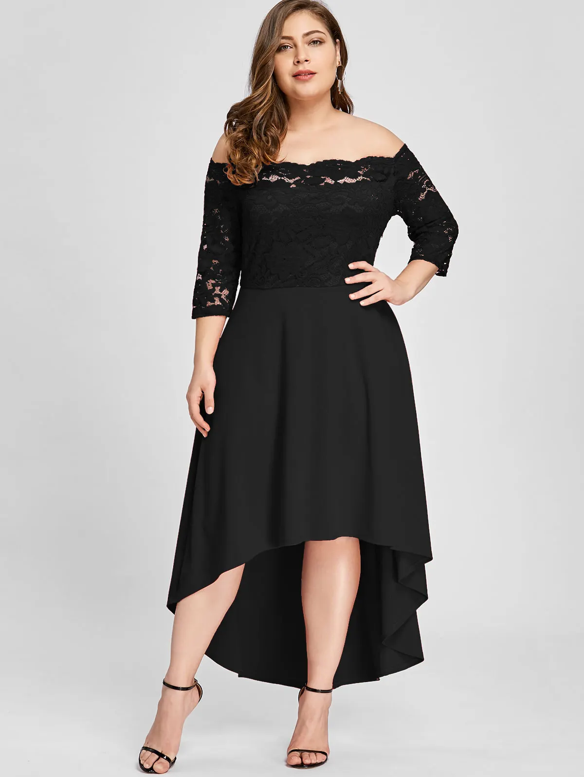 

Lortalen Plus Size Off Shoulder Dip Hem Lace Half Sleeve Dress Asymmetrical Elegant Ladies Dress Ankle-Length Party Vestidos