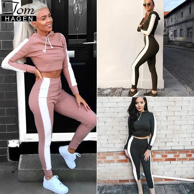 2018 Autumn Women Two Piece Set Tracksuit Outfits Sport Suits Woman 2 Piece Pants Sets Women Striped Hoodies Sweatshirt Crop Top