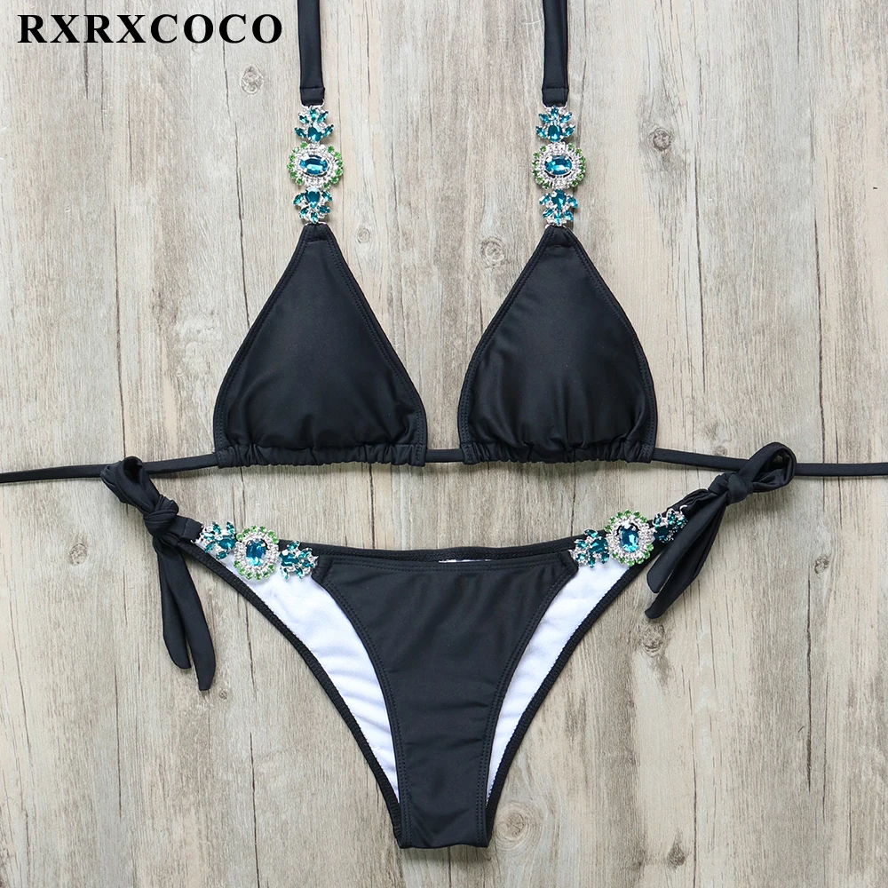 RXRXCOCO High Quality Diamond Rhinestone Bikini Swimsuit Sexy Swimwear Women Bandage Biquini 2018 Hot Bikini Halter Beach Wear