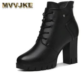 

MVVJKE Brand Designers 2018 New Spring Autumn Leather Women Shoes Black High Heels Boots Lacing Platform Ankle Boots