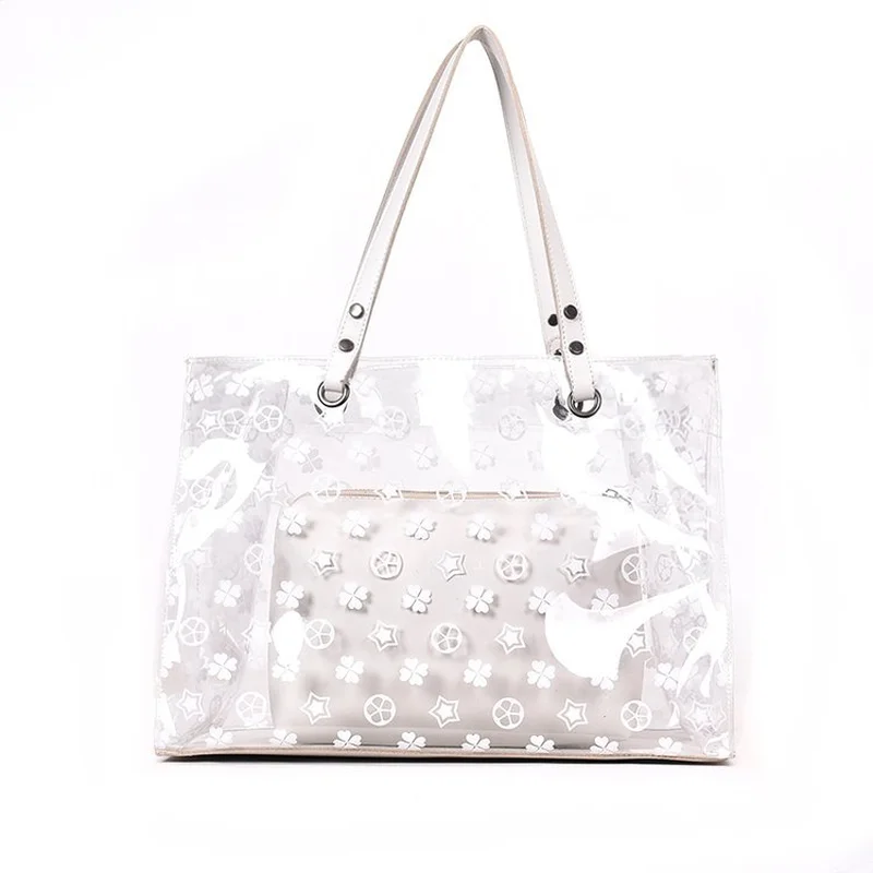 

2018 Korean Large Ladies Bag Printing Transparent Jelly Bag Ins Women Handbags Travel Beach Shoulder Bag Bolsa Feminina