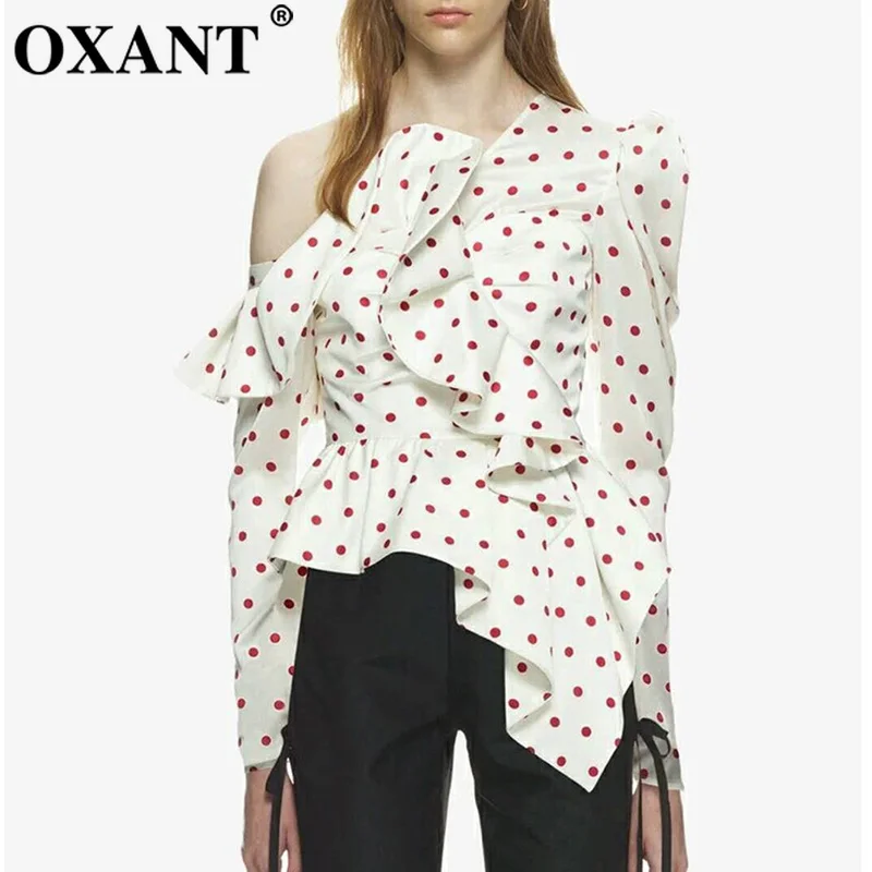 

OXANT Dot Irregular Shirt Female Off Shoulder Backless Ruffles Patchwork Puff Sleeve Pullover Blouse 2019 Spring Sexy Top