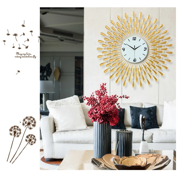 

3D Wall Clock Big Wall Watches Living Room 43pcs Diamonds Decorative Wrought Iron Silent Modern Design Clock 60-70CM Gold