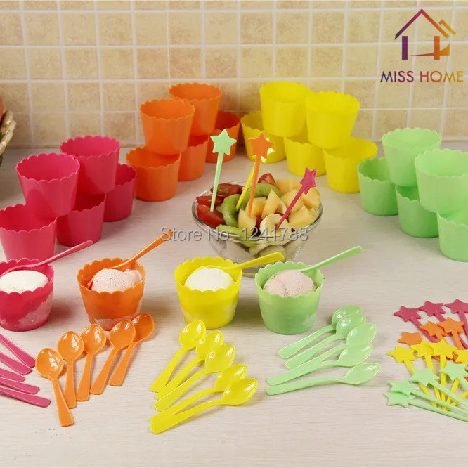 (72 pieces/set) Plastic Ice Cream Cups Bowls Tubs Set With Spoons And Fruits Sticks (MH-1027)
