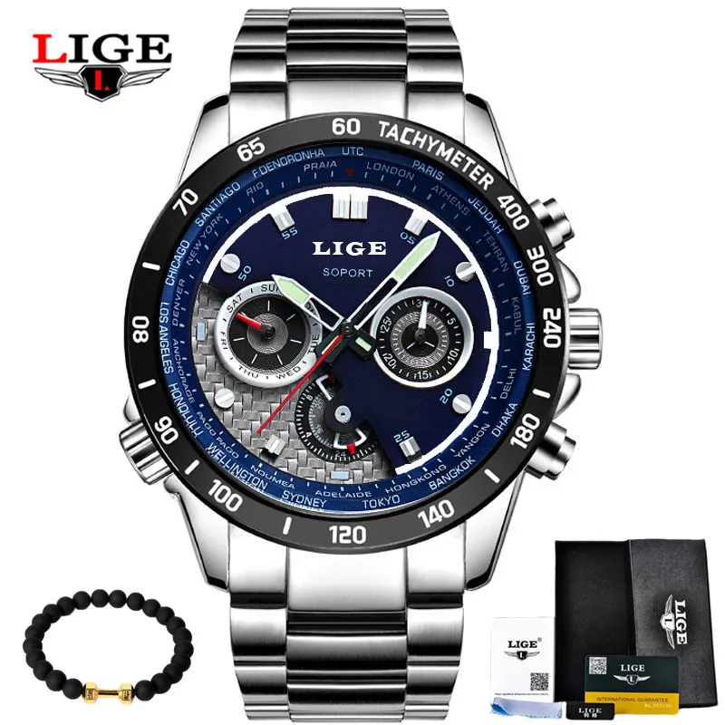 LIGE, модные спортивные мужские часы с хронографом, Топ бренд, Роскошные Кварцевые часы Reloj Hombre, мужские часы - Цвет: steel blue