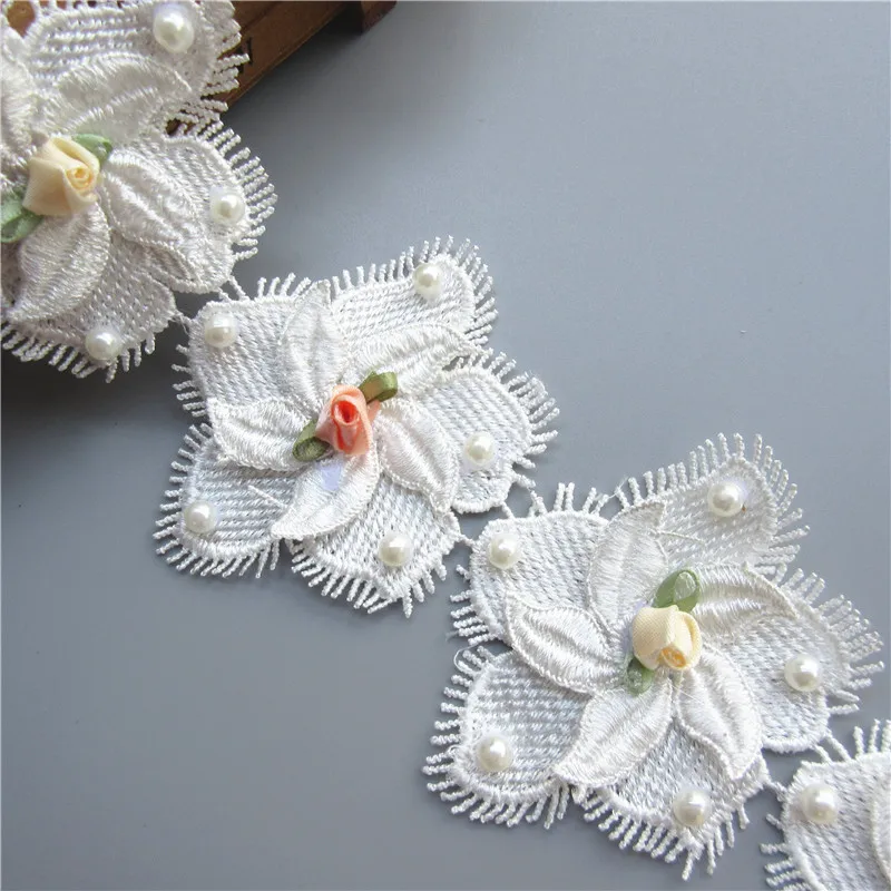 

8CM Polyester Eyelash Pearl Flower Embroidered Lace Trim Fabric Lace Ribbon Handmade Sewing Craft For Costume Hat Decoration