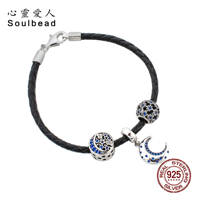 Soulbead черный плетеный кожаный браслет с Луной и звездой звездная подвеска