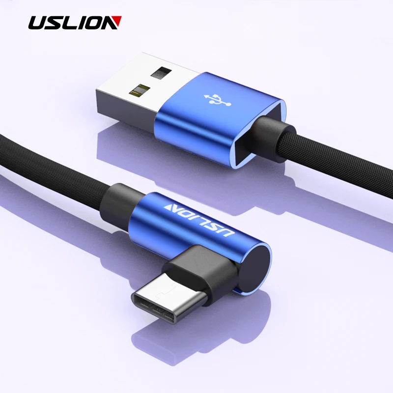 USLION 90 grado tipo-C USB-C Cable en forma de L de carga rápida Cable de datos cargador para Samsung S8 S9 más Xiaomi mi5 mi6 Huawei P10 P9