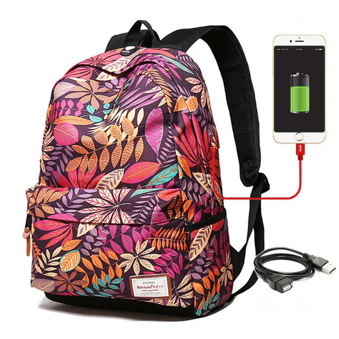 Женский рюкзак для ноутбука с USB зарядкой для девочек-подростков, школьный рюкзак, сумка с принтом, женские рюкзаки для студентов колледжа - Цвет: purple big