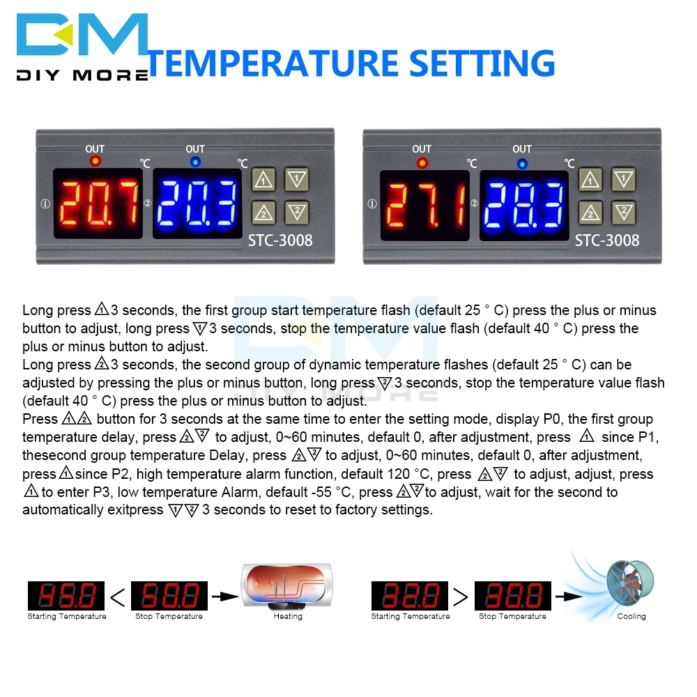 STC-3008, двойной цифровой регулятор температуры, термостат, терморегулятор, инкубатор, зонд 10 А, нагрев, охлаждение 12 В 24 в 110 В 220 В