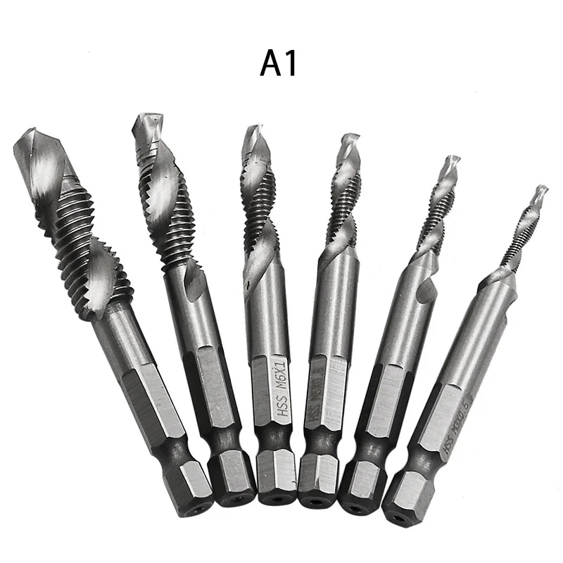 6PCS Composite Tap Drill Bit Thread Spirals Crew Tap 1/4'' Hex 4341 HSS