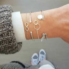 4 шт./компл. богемные Браслеты Серебряный круг кристалл в форме листика Браслет «бесконечность» набор дамы Шарм Браслет вечерние ювелирные изделия аксессуары