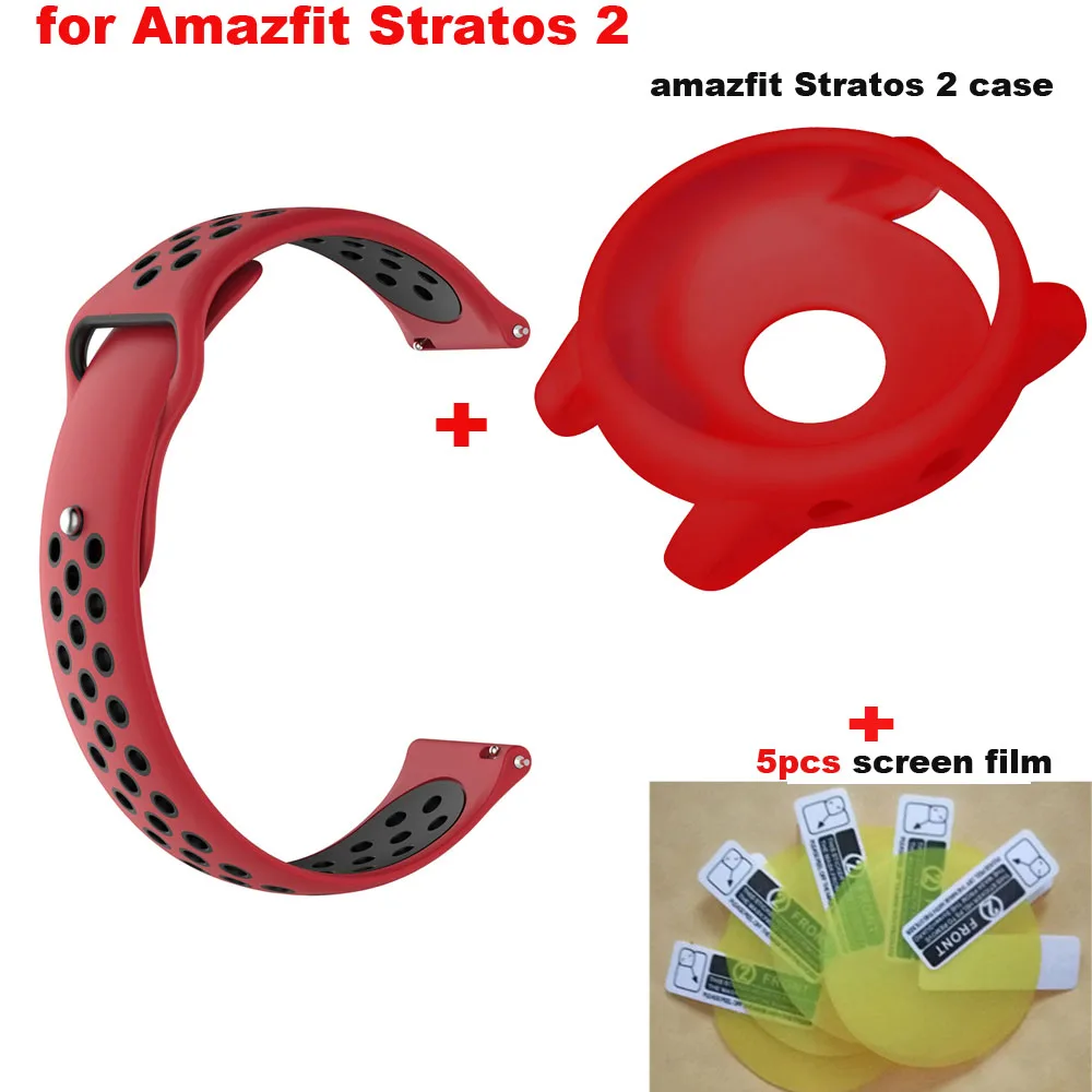 7/лот Amazfit Stratos 2 ремешок 22 мм силиконовый браслет для Xiaomi Huami Amazfit Stratos 2 Watch Band защитные чехлы пленка для экрана - Цвет: Red black-red