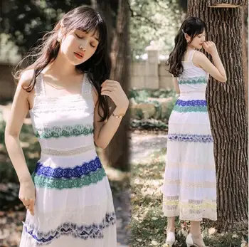 

Sweet White Lace Dress Women Summer High Waist Spaghetti Strap Long Maxi Dresses Beach Holiday Sundress Vestidos