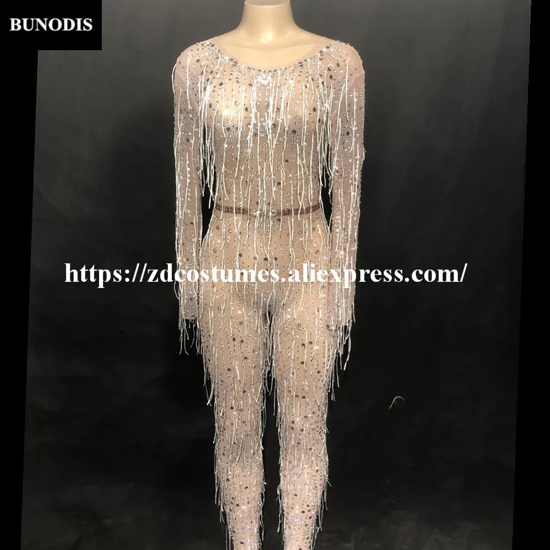 

ZD290 Women Sexy Jumpsuit Silver Tassel Full Of Sparkling Crystals Bodysuit Celebrate Nightclub Party Singer Dancer Stage Wear