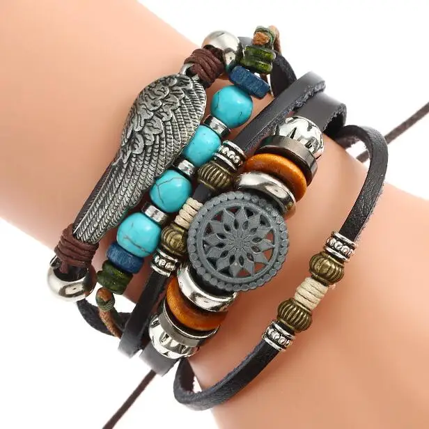 Vintage Multilayer Feather Wing Flower Charms Bracelets Beads Leather Beaded Bangle Wristbands Punk Fashion Ethnic Retro Jewelry | Украшения