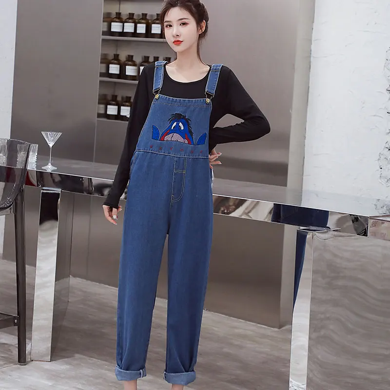 

4501# Cartoon Embroidery Denim Maternity Bib Jeans Loose Jumpsuits Clothes for Pregnant Women Summer Pregnancy Overall Pants