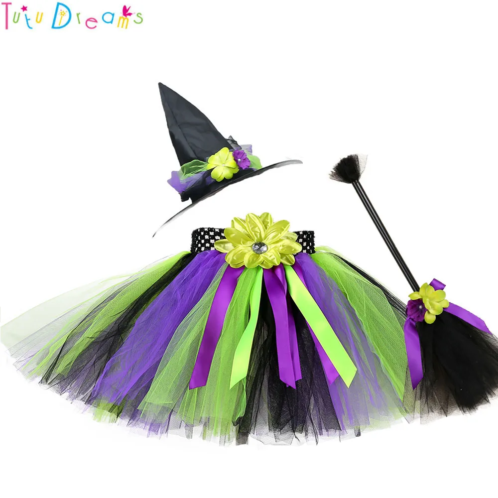 

1 Set Knee Length Elastic Sunflower Girl Tutu Skirt Purple Black Ribbons Children Halloween Evening Party Skirts For Photos