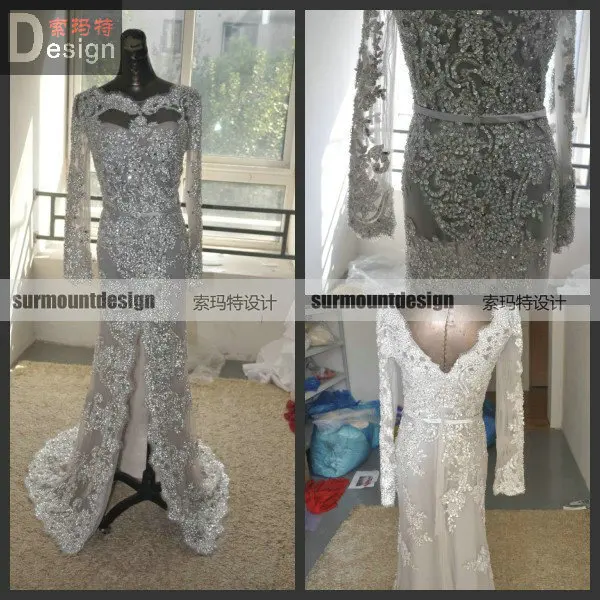 Elie Saab New Style 100% Real Gray Slit Long Sleeve Heavy Beaded Floor-Length Prom/ Evening Dress | Свадьбы и торжества