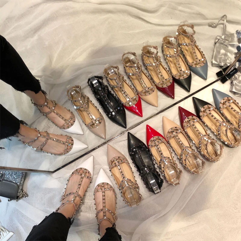 

2019 Spring and Autumn New V rivet tip shallow flat shoes two laps tied with flat sole single shoes