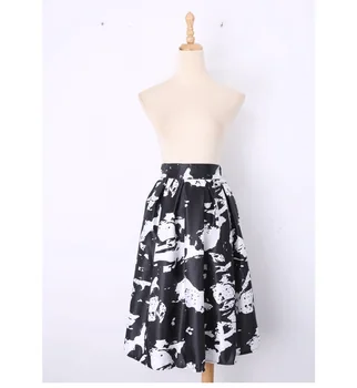

2016 Spring and summer European and American Hepburn retro print High waist Vintage a-line red white black print woman skirt