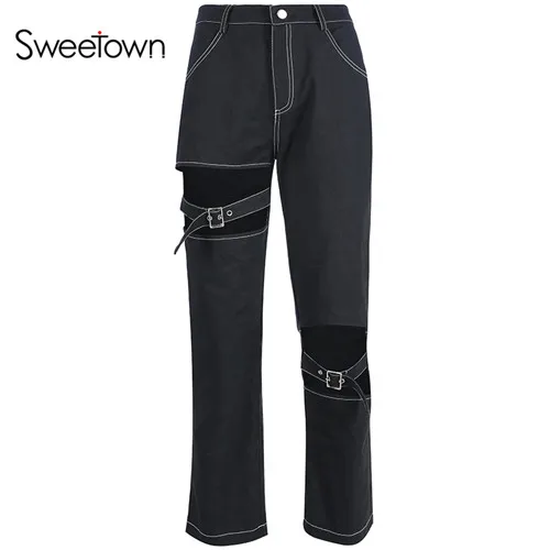 Sweetown Black Hollow Out Punk Style Straight Pants Women Streetwear Pockets Striped Summer Autumn High Waist Trousers Gothic - Цвет: as picture