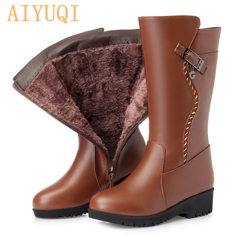 Nuevos Gruesa Wool 41 brown Caliente black Tamaño Planos Mujer Nieve Gran brown Cuero Fluff Para 42 43 Genuino La Wool Aiyuqi Botas 2019 Black Las Fluff De Invierno Mujeres Lana 5qgP5aTw