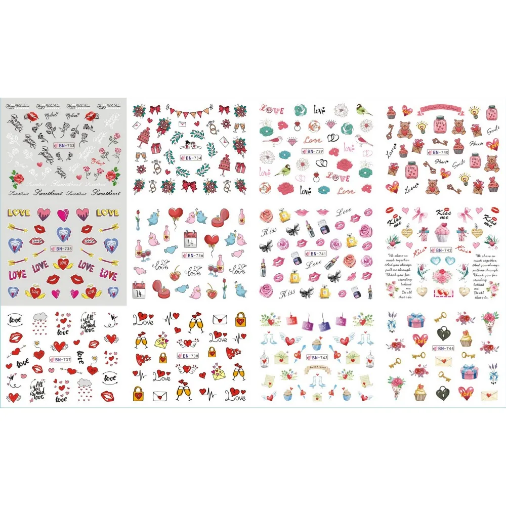 

UPRETTEGO 12 PACK/ LOT WATER DECAL NAIL ART NAIL STICKER FLOWER ROSE JASMINE SWEET HEART KISS LIPS CAKE VALENTINE BN733-744