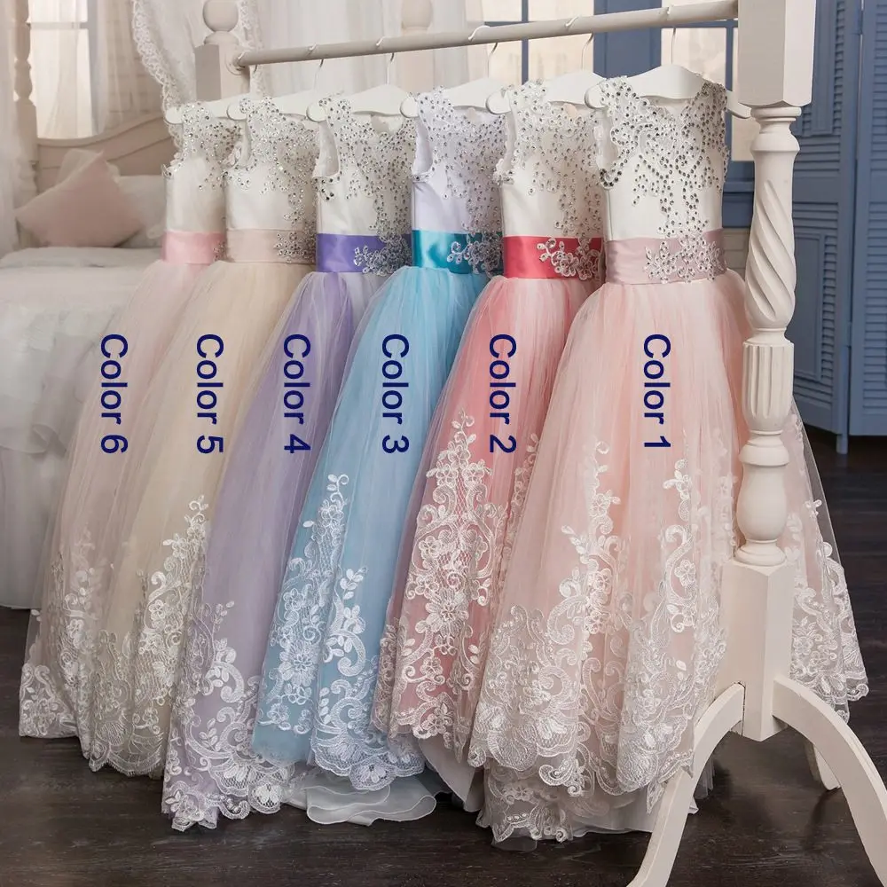 Сладкий Фиолетовый кристалл лук Бисер кружевное платье с цветочным рисунком платья для девочек, Q002 Свадебные Длинные для первого